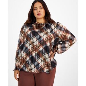 Bar III | Plaid Long Sleeve Ruffled Tie Neck Top Size 2X